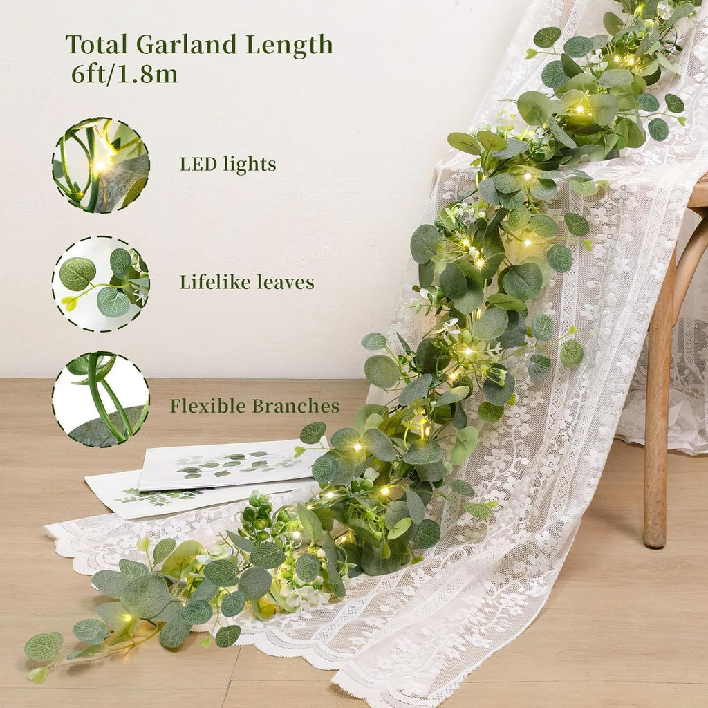 Artificial Eucalyptus Garland with Lights, 6FT Artificial Greenery Summer Garlands, Battery Operated Twig Vine - Set of 2