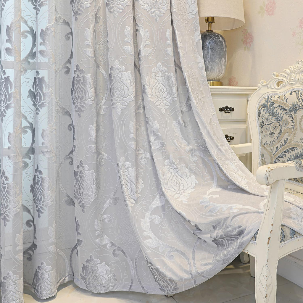 Grey European Floral Sheer Curtains, Retro Damask Pattern Voile Drapes, Light Filtering Window Treatment, 2 Panels
