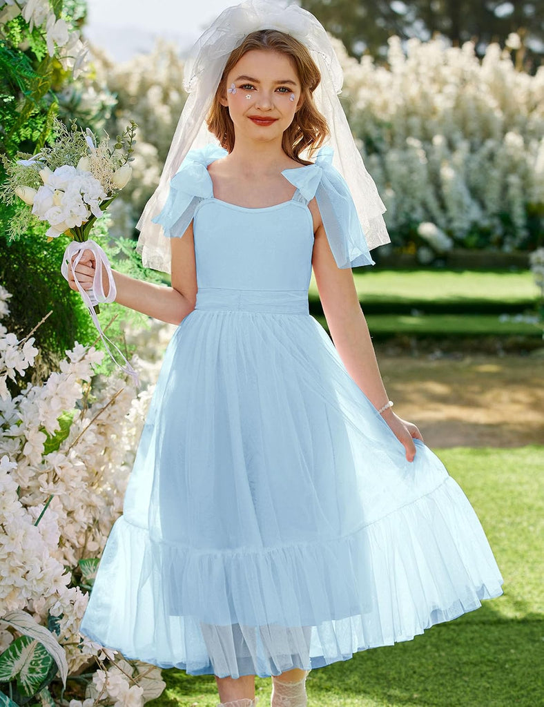 Girls Summer Sleeveless Bow-Tie Straps Party Long Tulle Dresses