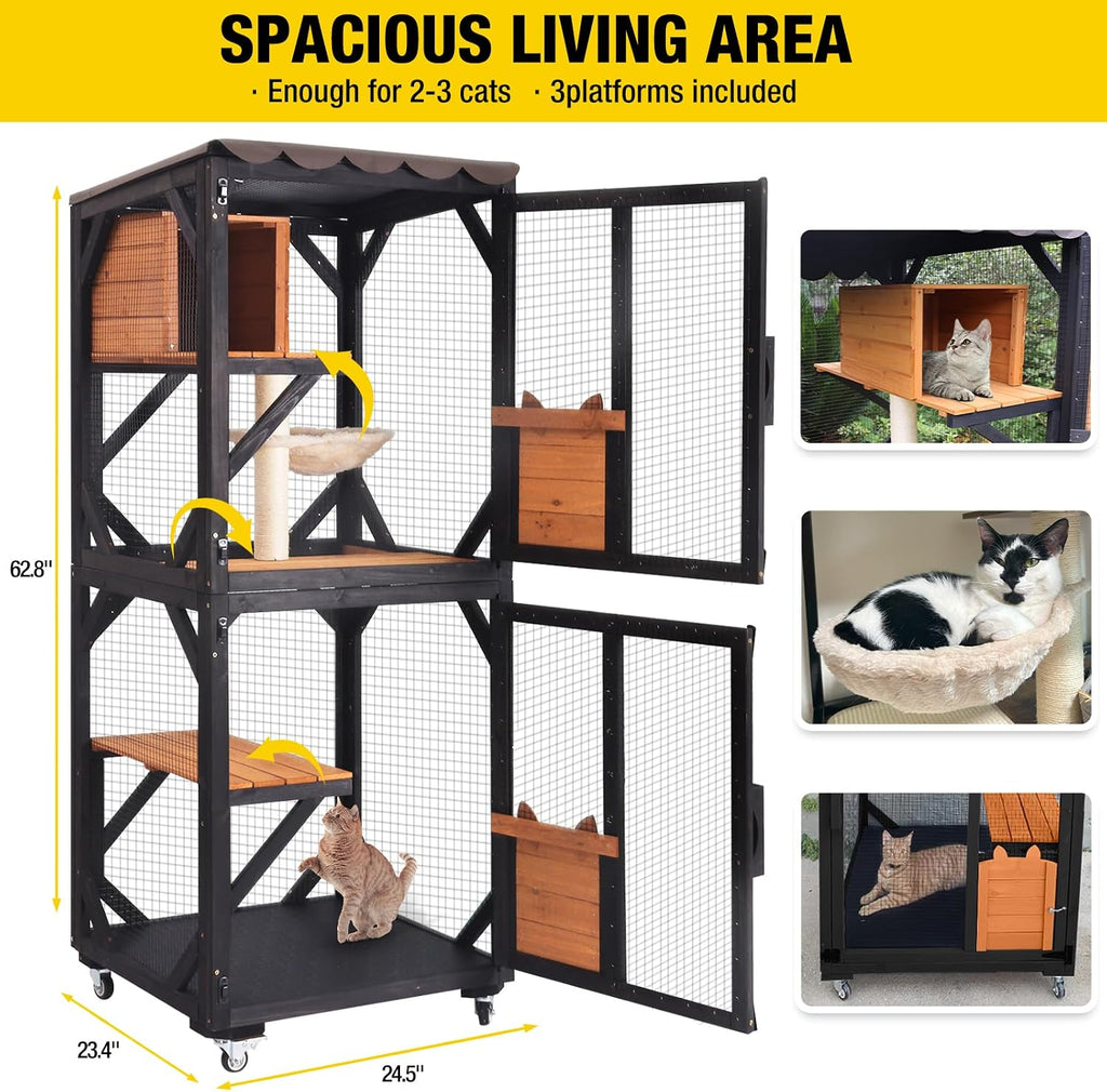 Cat House Window Catio Outdoor Cat Enclosure Mobile Kitty Shelter on Wheels Pet Cage with Resting
