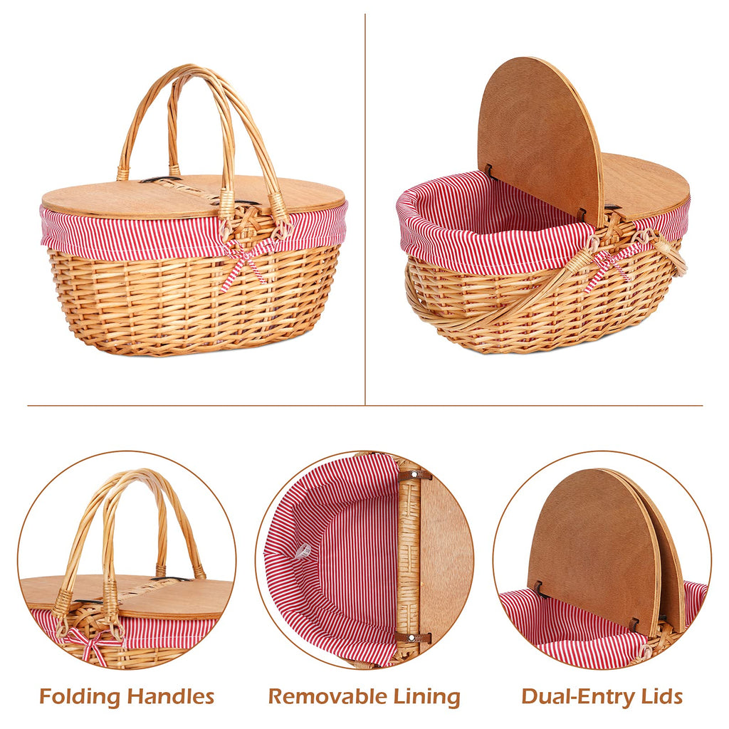 Wicker Picnic Basket with Liner, Wooden Split Lid Picnic Basket, Red