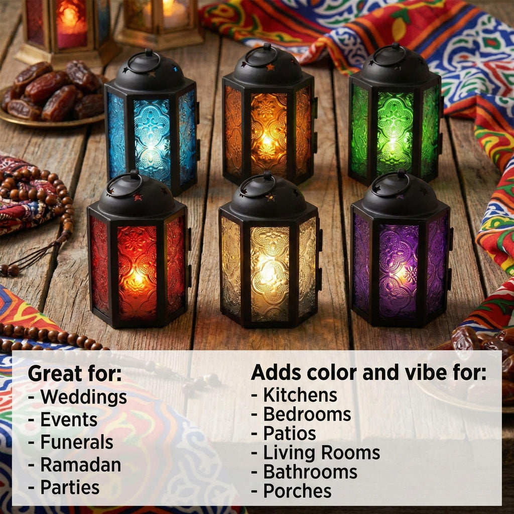 Mini Moroccan Tea Light Candle Holder Lanterns - 4.25" Small Decorative Lantern for Table or Hanging, Metal with