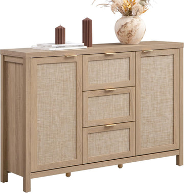 52 Inch Sideboard Buffet Cabinet with Storage, Rattan Credenza | Farmhouse Boho Coffee Bar Cabinet Storage Cabinet
