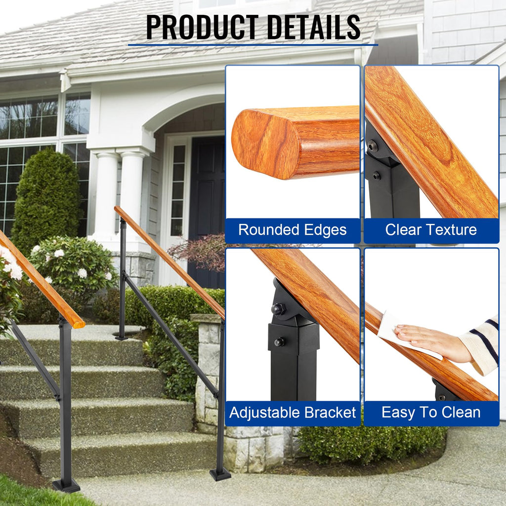 Metal Handrail Wood Grain for Elderly, 5 Step Hand Rails for Outdoor Steps