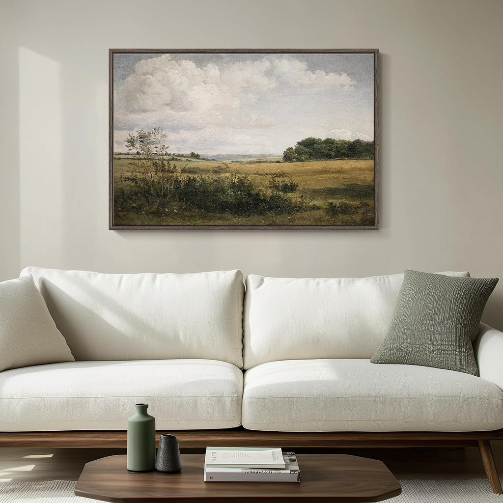 Framed Landscape Wall Art , Vintage Farmhouse Countryside Artwork for Walls, Large Retro Rustic Nature Canvas