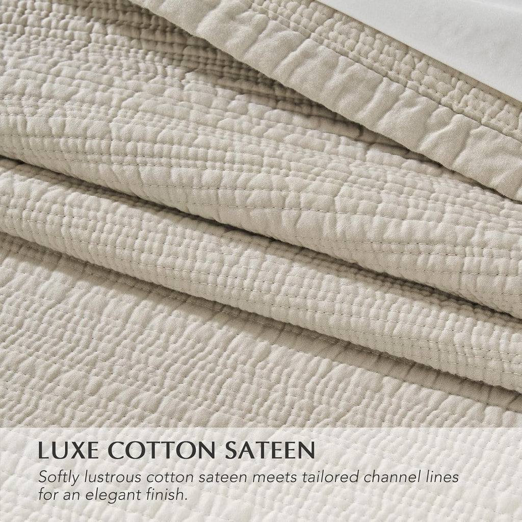 Channel Stitch 100% Cotton Quilt Set King, Pre-Washed Cotton Sateen Coverlet Bedspread, 3-Piece Soft & Breathable
