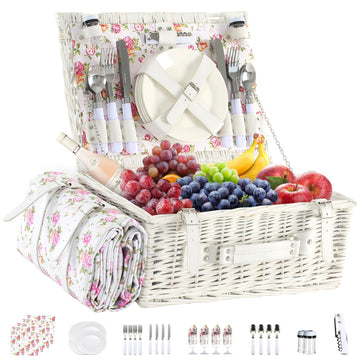 Wicker Picnic Basket Set for 4, Blanket, Cooler Bag, White Floral