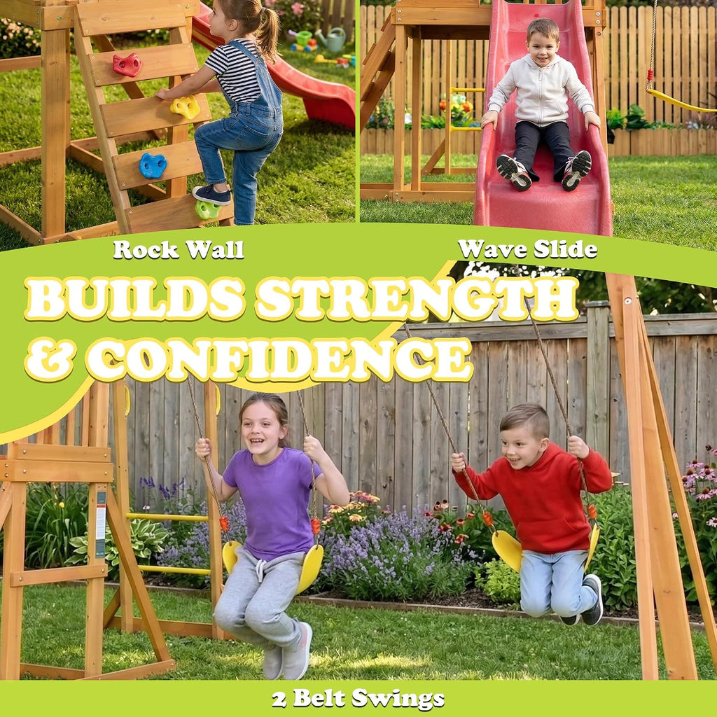 Wooden Playground Sets Backyards, for Ages 3-6 | Swing Set with Monkey bar, Outdoor Playset with Wave Slide, Rock