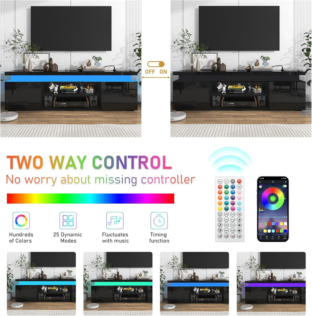 LED TV Stand for 75 Inch TV, Modern TV Stand with Power Outlet, High Gloss TV Console Entertainment Center with
