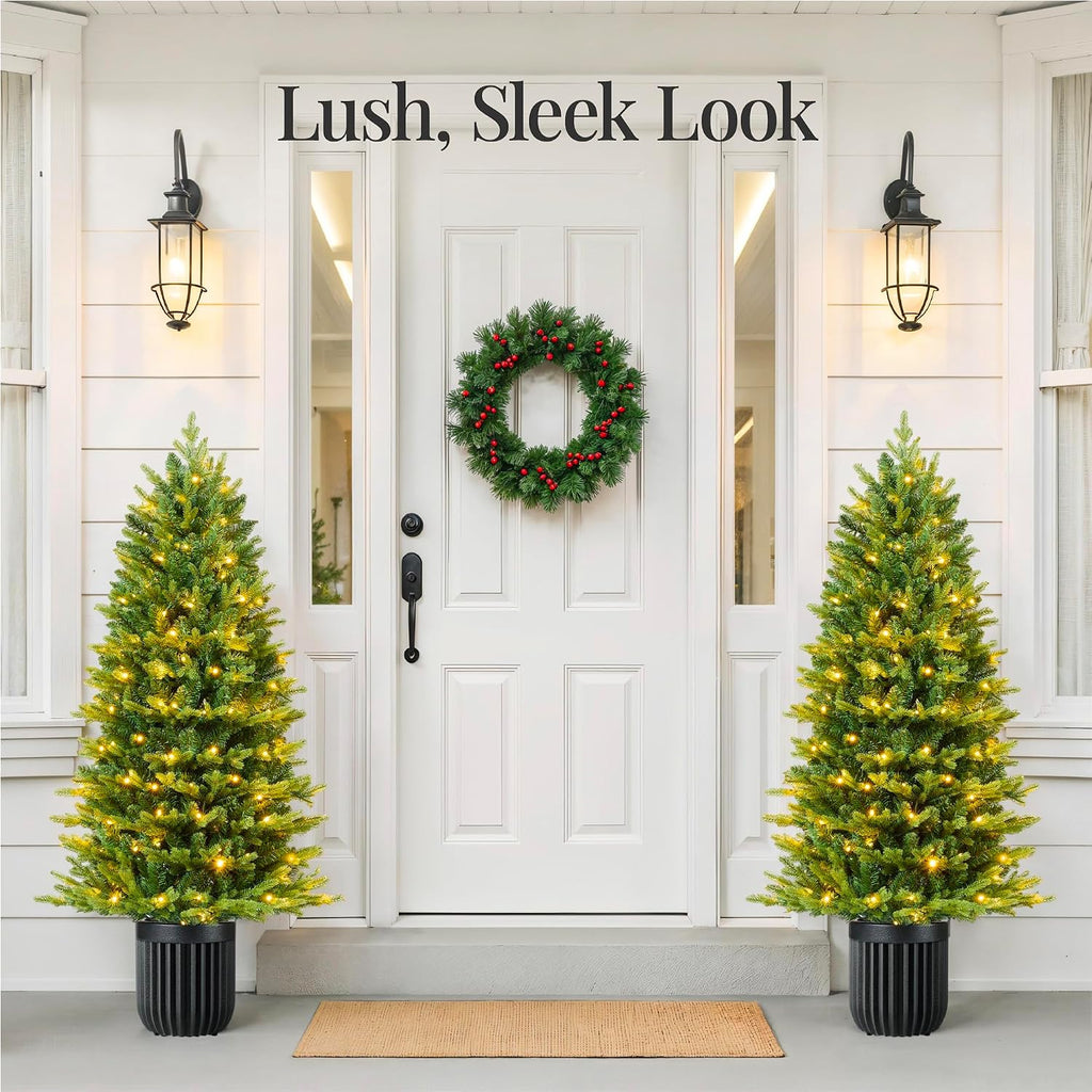 Prelit Potted Pencil Christmas Tree, 4.5Ft Realistic Artificial Lighted Holiday Décor, 175 Twinkling LEDs , Porch