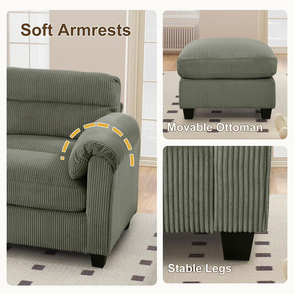 90" Modular Sectional Sofa Couch with Movable Ottoman, Oversized Corduroy U Shaped Sectional Couches with Rolled