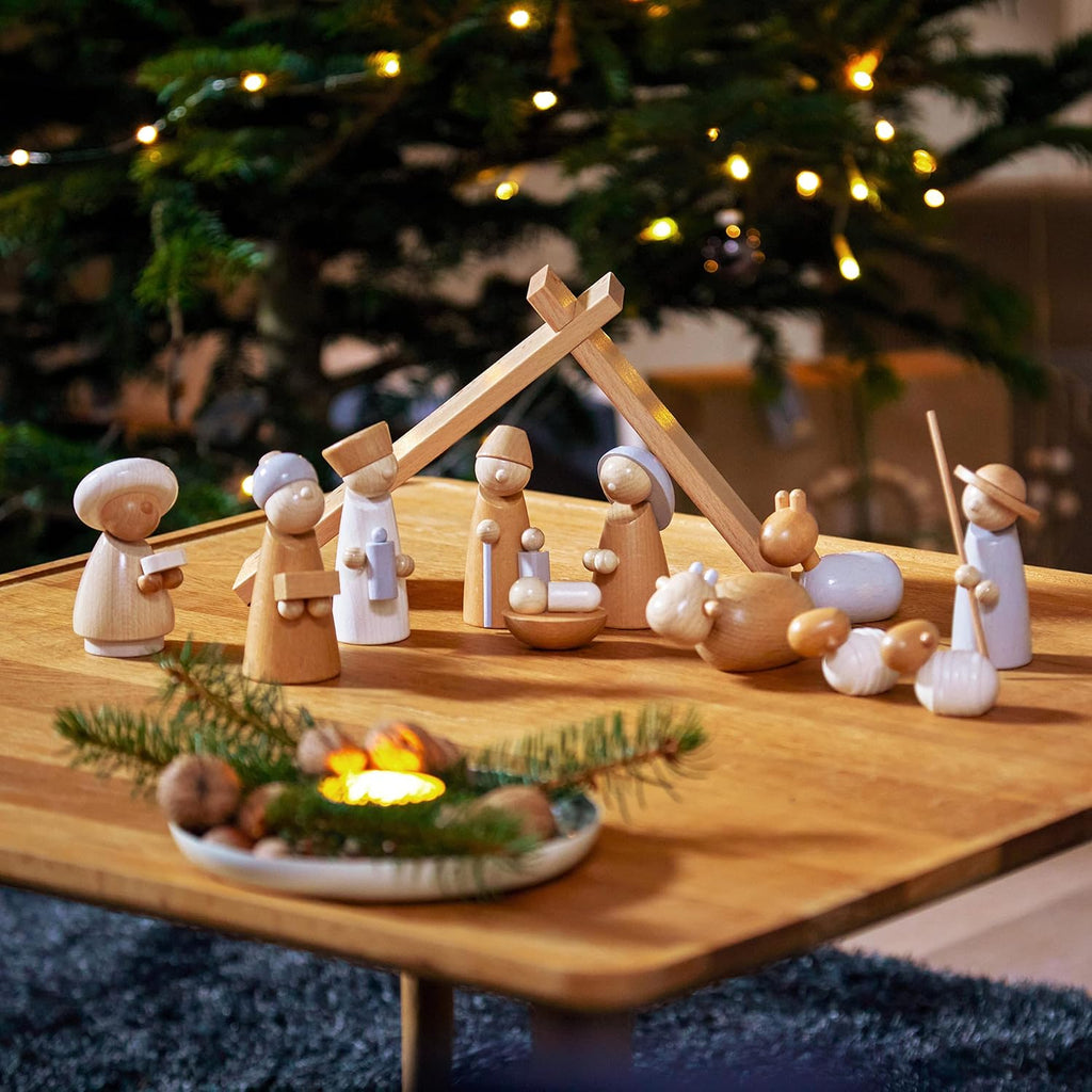 Wooden Nativity Set - Family Keepsake Manger Scene & Nativity Set for Kids in Natural Colors - 13 Sturdy Beechwood