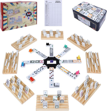 Double 12 Mexican Train Dominoes Set for Adults with Wooden Holders, 9 Train Markers, 91 Color Dot Tile Dominos - Set of 8
