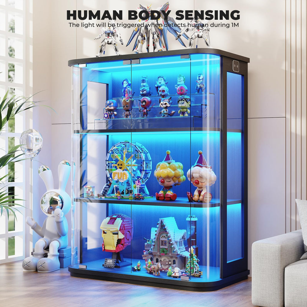3-Tier Rounded Display Cabinet with Lights&Human Body Sensor Black