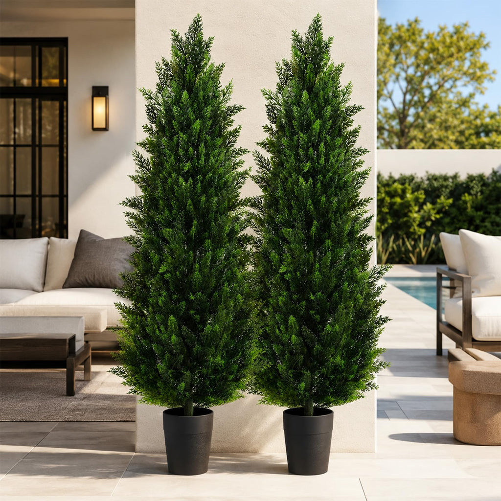 Artificial Topiary Cedar Trees 6FT Tall 2 Set, Outdoor Indoor Faux Pine Shrubs Plants, Realistic Fake Plants Front