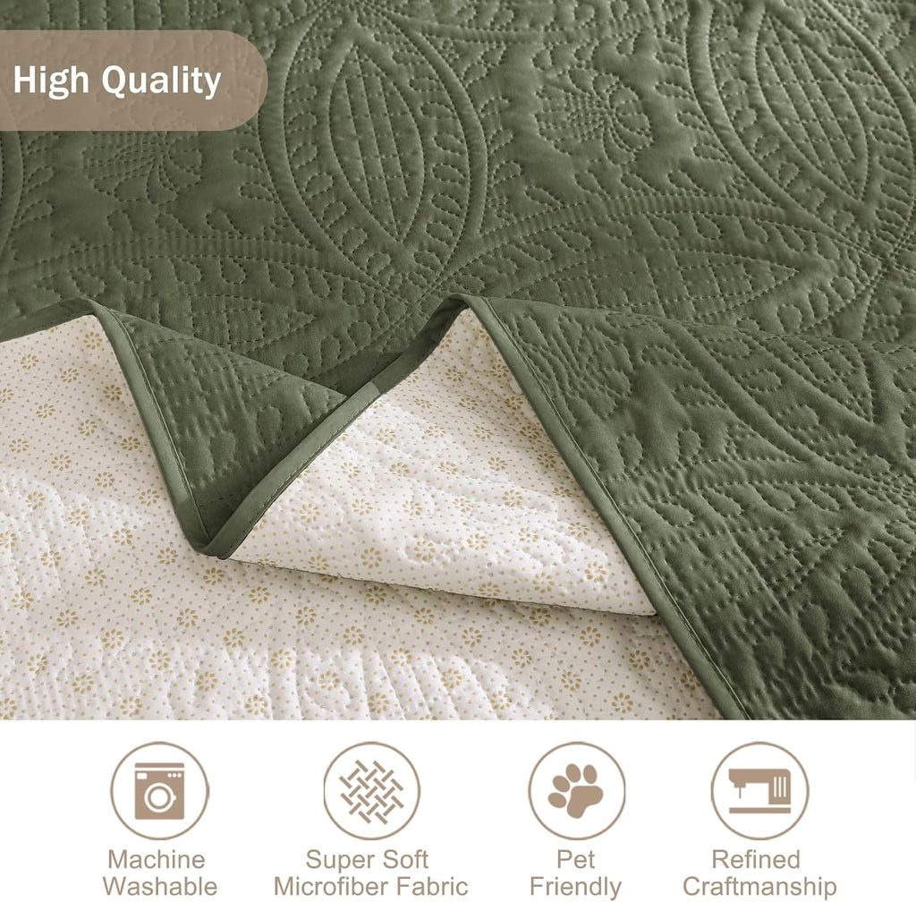 Quilted Olive Green Sofa Slipcovers with Pockets, Anti-Slip Medallion Couch Covers for 3 Cushion Sofa, Couch Cover