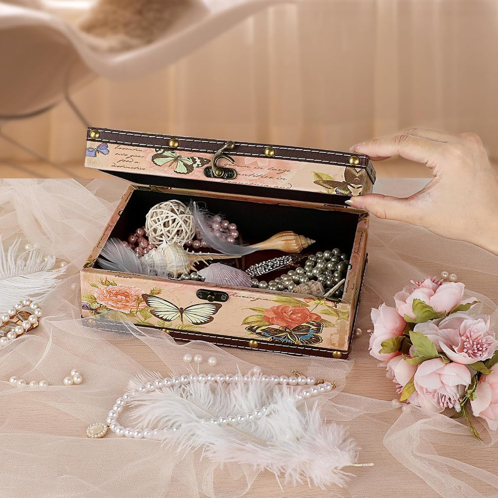 Butterfly Treasure Chest Box, Wooden + PU Leather Storage Decorative Box for Jewelry Trinkets Photos, Rectangular