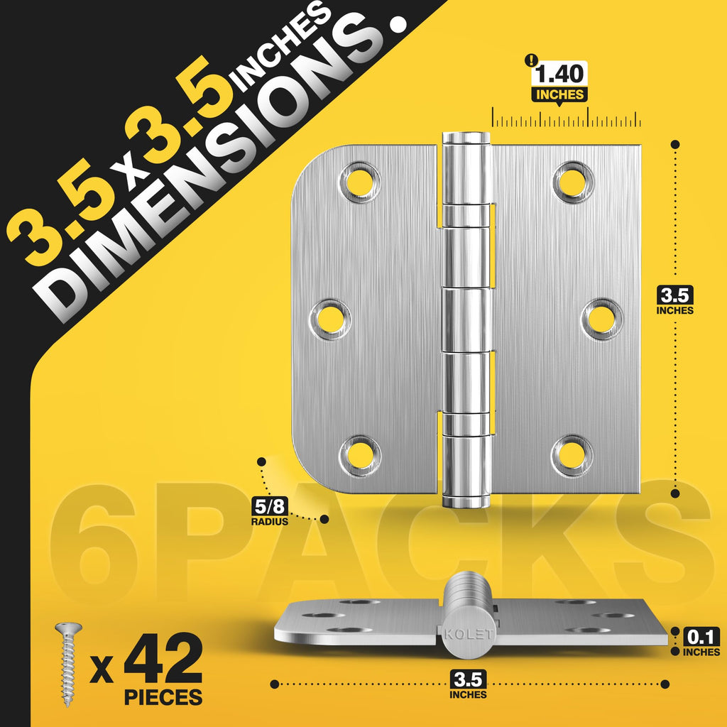 3.5 Inch Ball Bearing Door Hinges, Square & 5/8" Radius Corner, 6 Pack