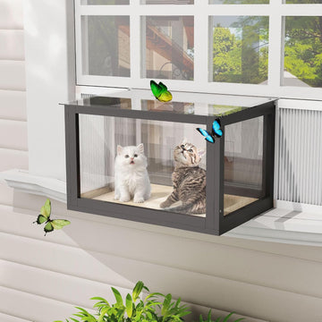 Cat Window Box Outdoor, Window Perch with Bug Proof Wire Mesh, Black