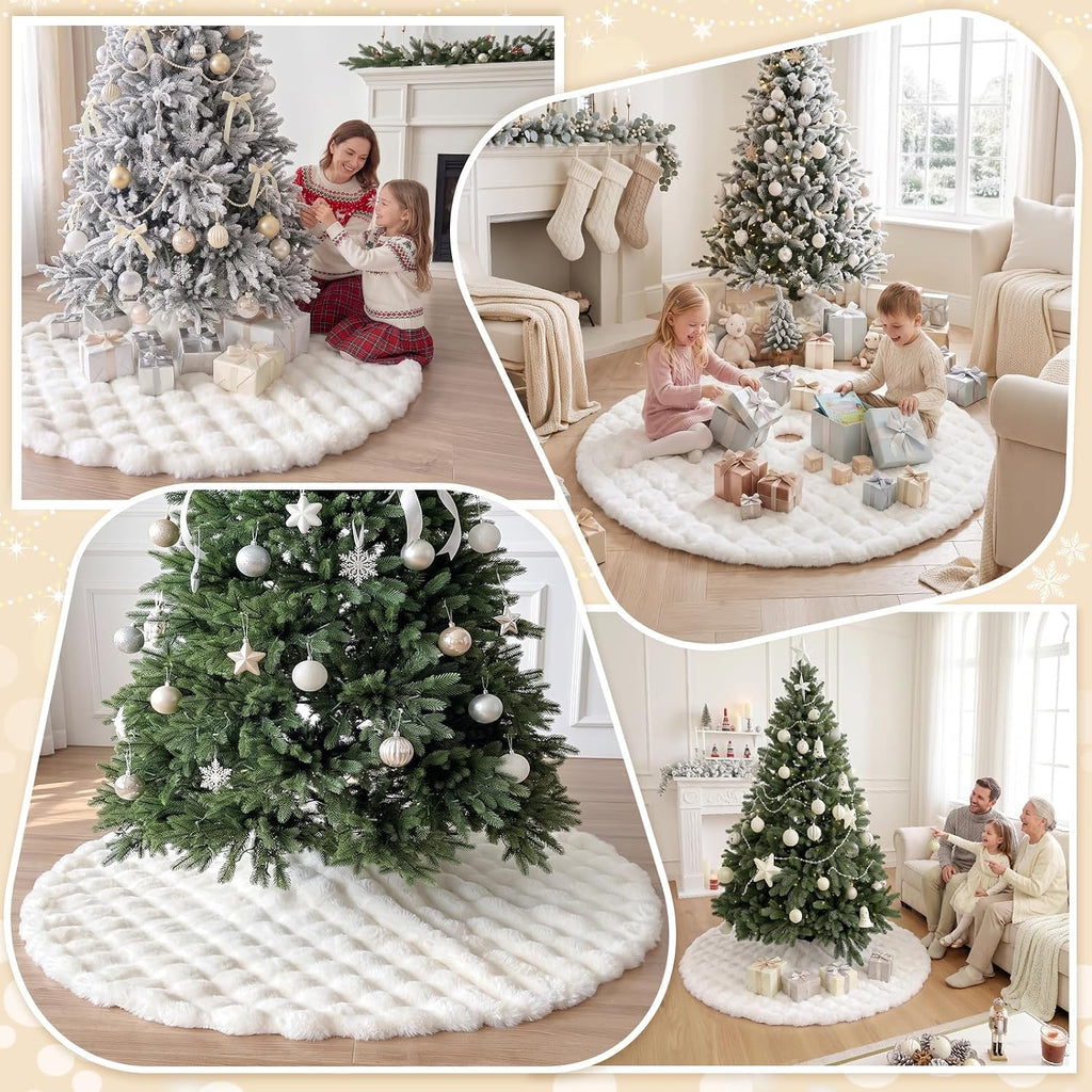 60 in White Faux Fur Christmas Tree Skirt, 3D Quilted Plush Snow Tree Skirt