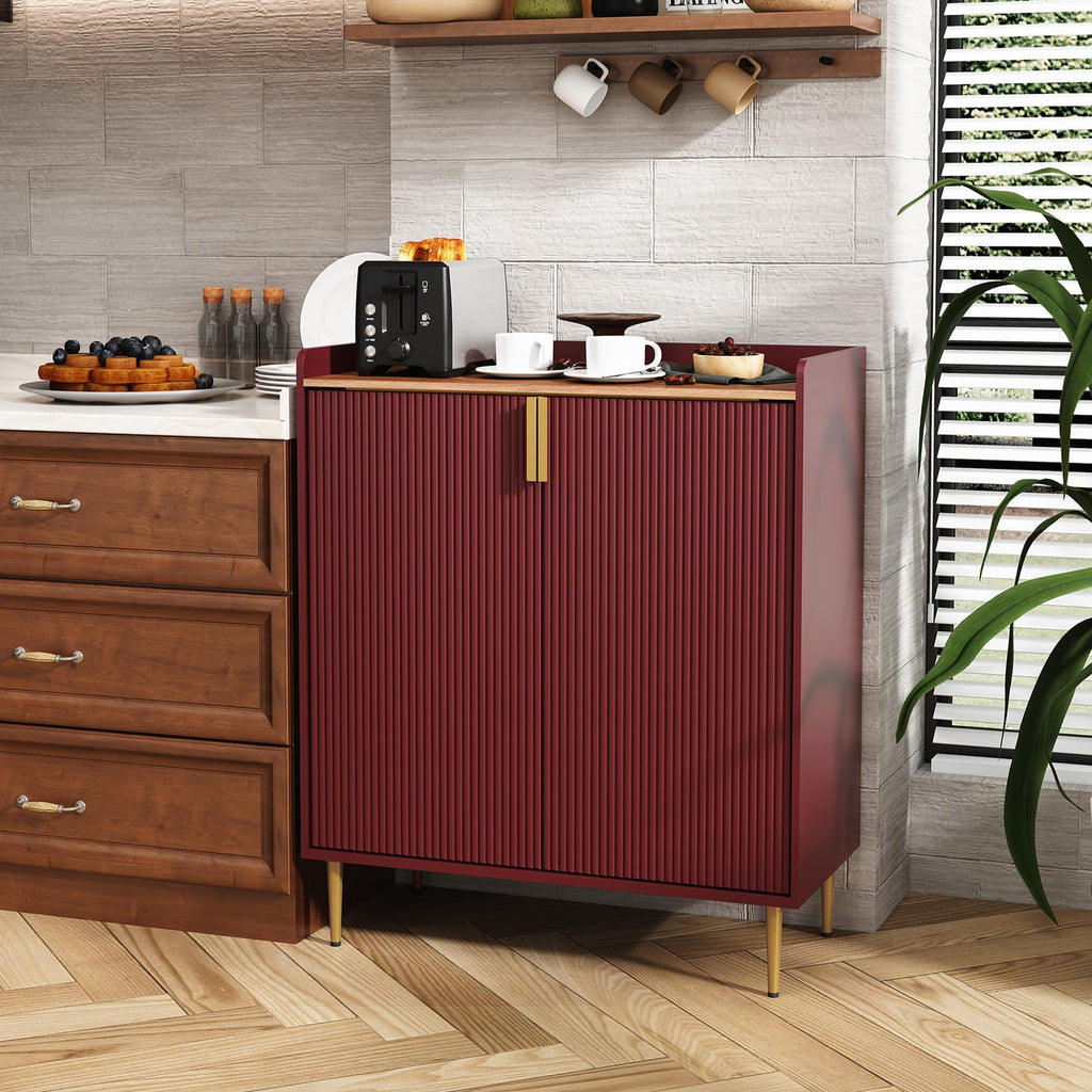 Coffee Bar Cabinet with Wine Rack&Glass Holder, Red