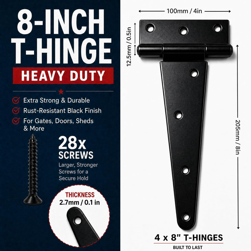 8 Inch Heavy Duty T Strap Hinges, 4 Pack Black Gate Hinges, Heavy-Gauge Steel, 8.8 oz Each, Screws Included for Shed