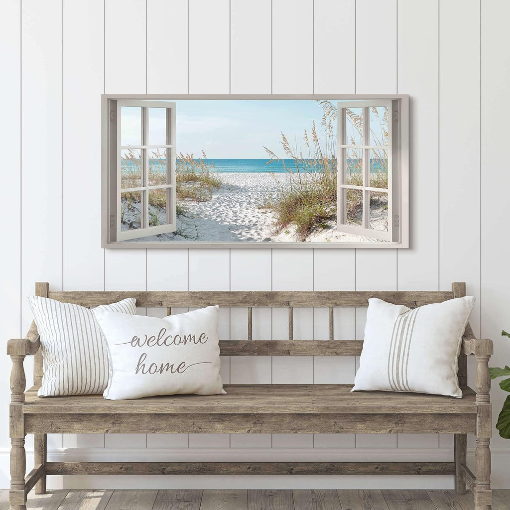 Window Beach Wall Art Prints: Modern Large Tropical Coastal Landscape Canvas Bedroom Blue Ocean Picture Relaxing