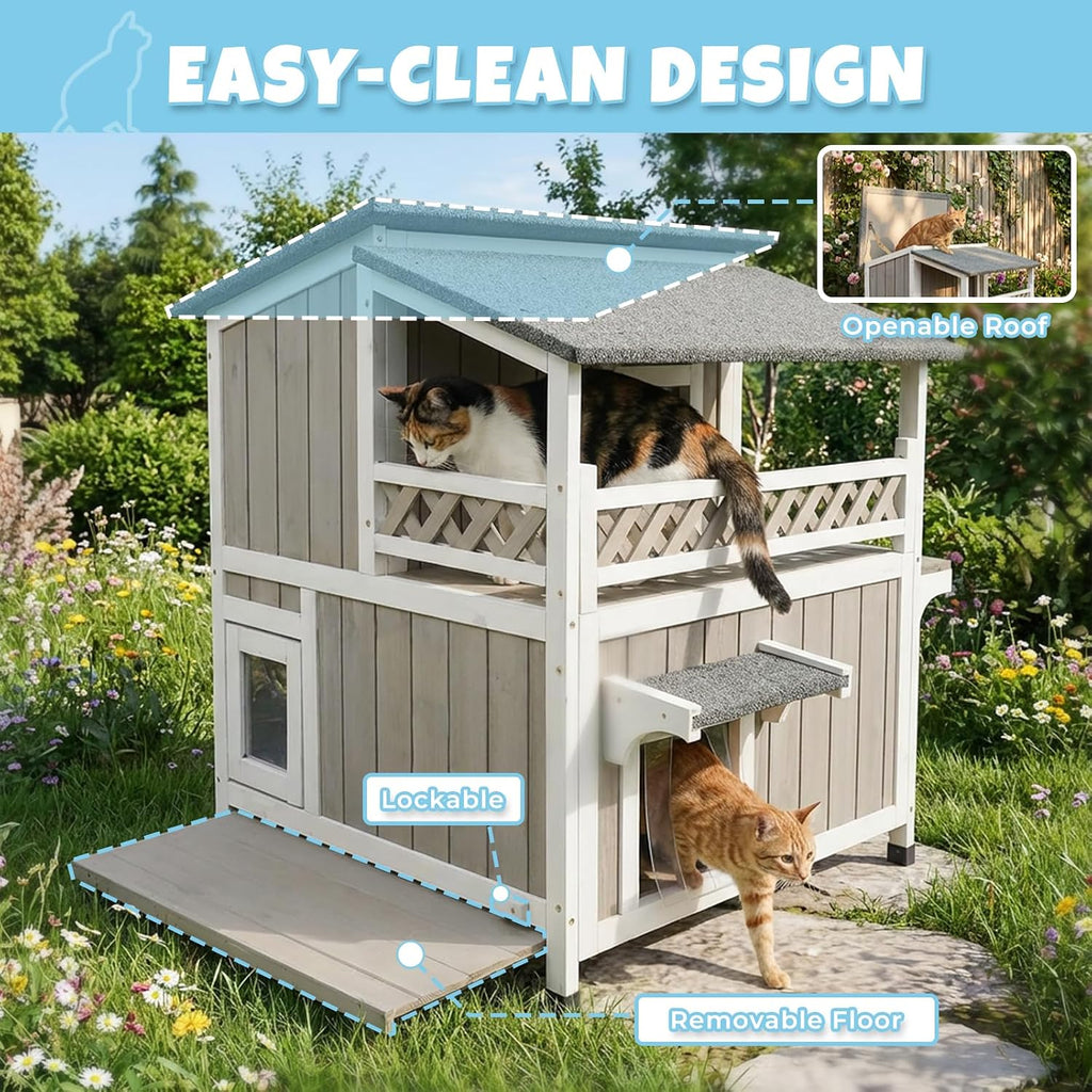 Outdoor & Indoor Wooden Cat House, Weatherproof Two-Story Cat Shelter, Enclosed Multi-Level Cat Home for Cats