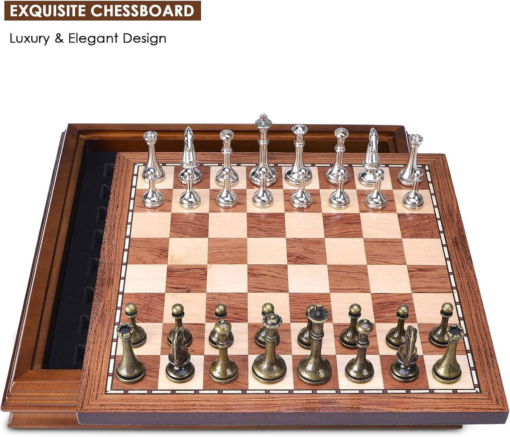 Wooden Chess Board Set with Pieces Storage for Adults Kids, 12.5 Inch Chess Set with Metal Pieces, Unique Chess Game
