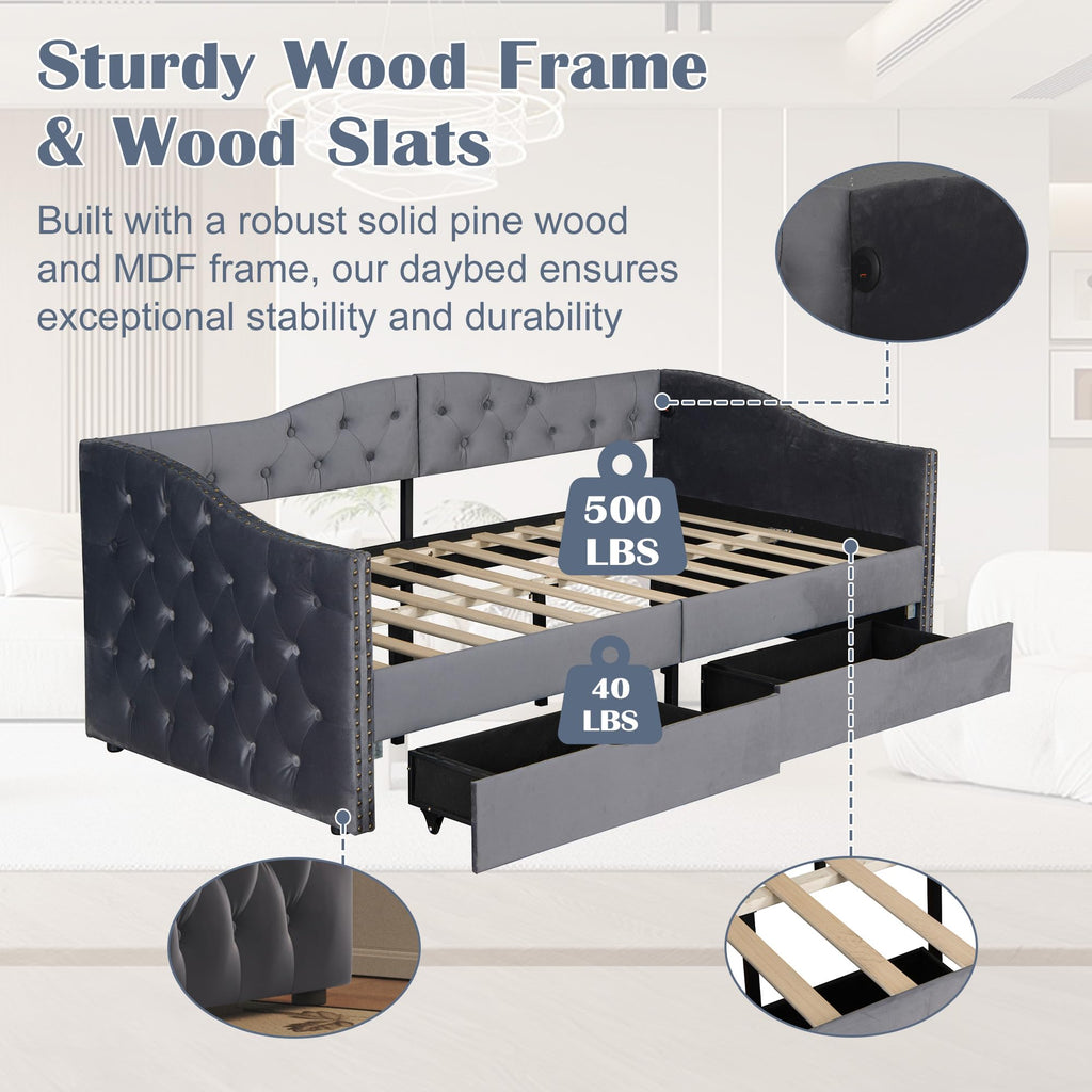 Twin Daybed with Storage, Upholstered Daybed with USB Charger and Two Storage Drawers, Button Tufted Velvet Twin Day