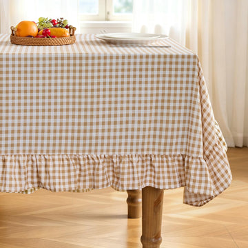 Taupe Gingham Ruffle Tablecloth 70x52 Inch, Plaid Tablecloth