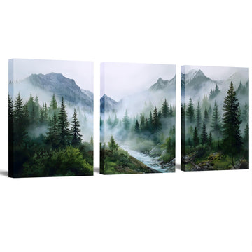 Misty Forest Wall Art Green Mountain Landscape Canvas Prints Nature Tree River Artwork Bedroom Office Home Decor