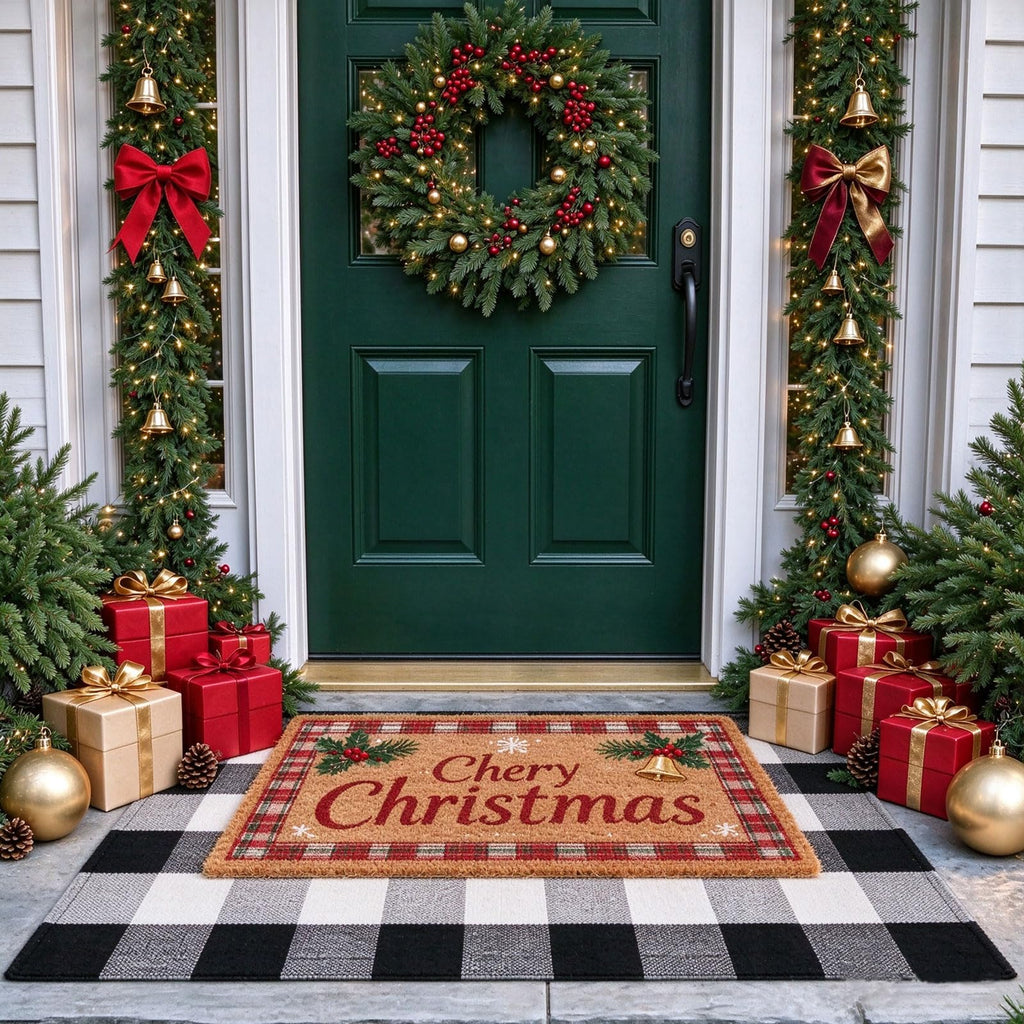 Buffalo Plaid Outdoor Rug, 27.5''x43'' Black White Check Indoor/Outdoor Area Rugs, Layering Rug for Hello/Welcome