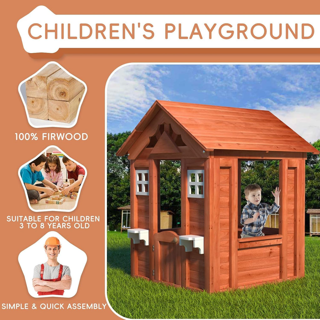 Kids Outdoor Playhouse with Door & 2 Windows - Wooden Backyard Play House for Ages 3-8 - 42"L x 46"W x 55"H - Easy