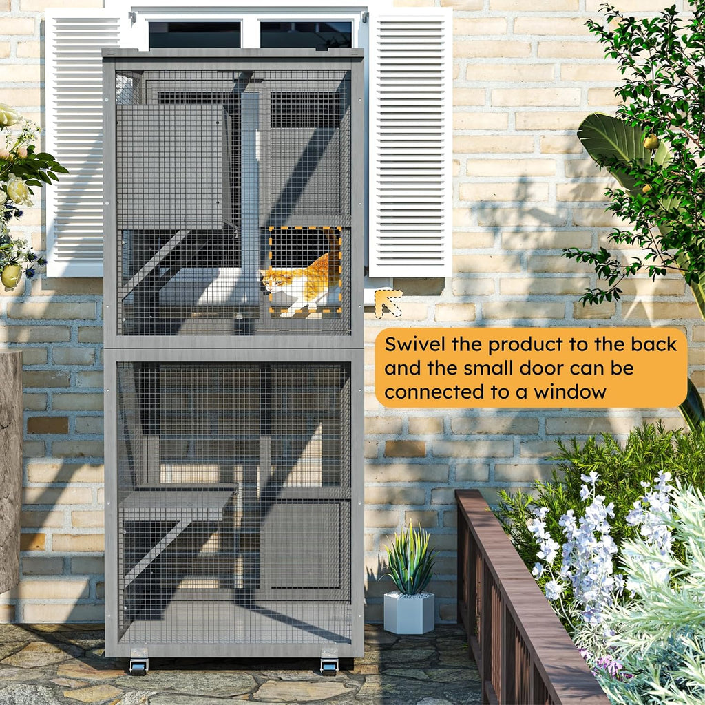 4 Tiers Catio Outdoor Cat Enclosure, Indoor Cat House with 4 Wheels, Grey