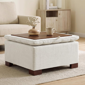 24 Inch Square Storage Ottoman Coffee Table, Modern Tufted Upholstered Ottoman with Flip Tray and Solid Wood Legs