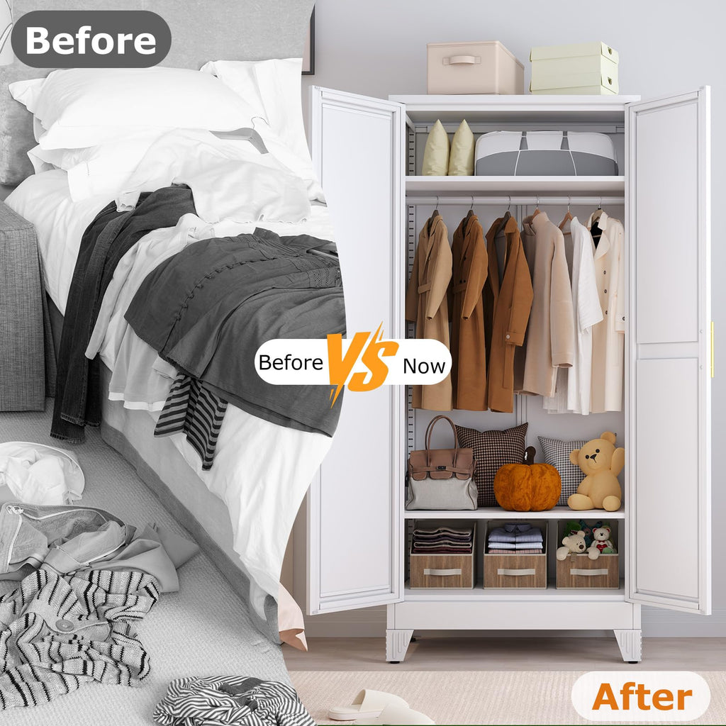 Metal Wardrobe Storage Cabinet with Mirror and Hanging Rod,71'' Metal Clothing Cabinet with 2 Doors and 2 Adjustable