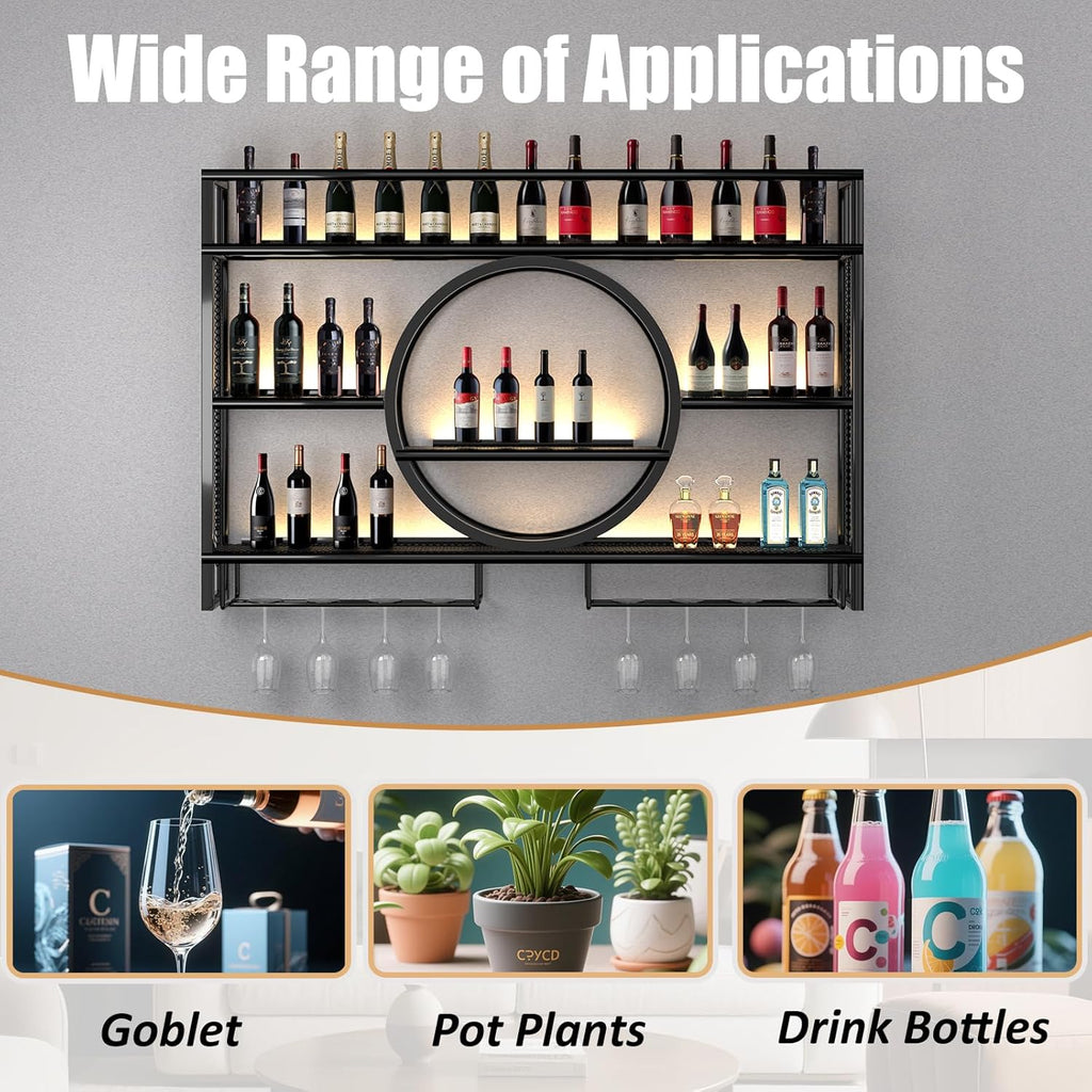Wine Rack Wall Mounted with LED Light,Bar Liquor Shelf,Black,100*80*15 | Metal,3-Tier,Wine Glass Holder,Modern,Home