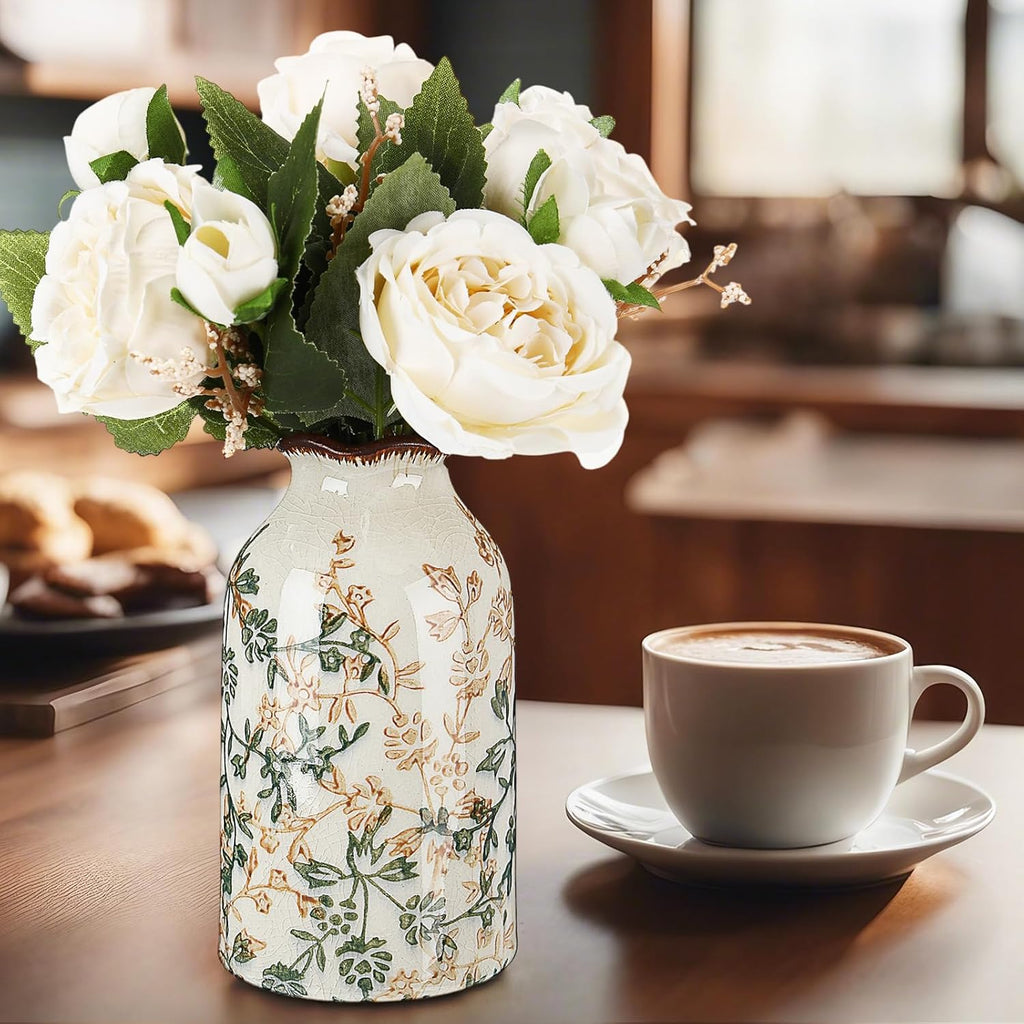 Green Vintage Vase 5.9 Inch Ceramic Crackle Floral Vase for Farmhouse Retro Home