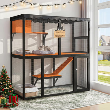Wooden Outdoor Cat Enclosure, 4-Tier Large Cat House, Multi-Cat Catio with Waterproof Roof, Ramp, and Multiple Access