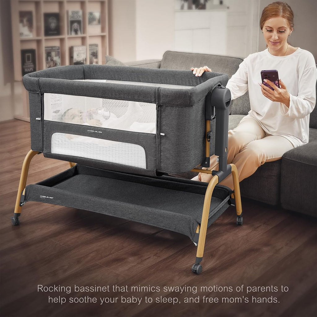3-in-1 Baby Bassinet, Rocking Bedside Bassinet, Dark Grey | Wheels, comfy mattress, 6 height adjustments, easy