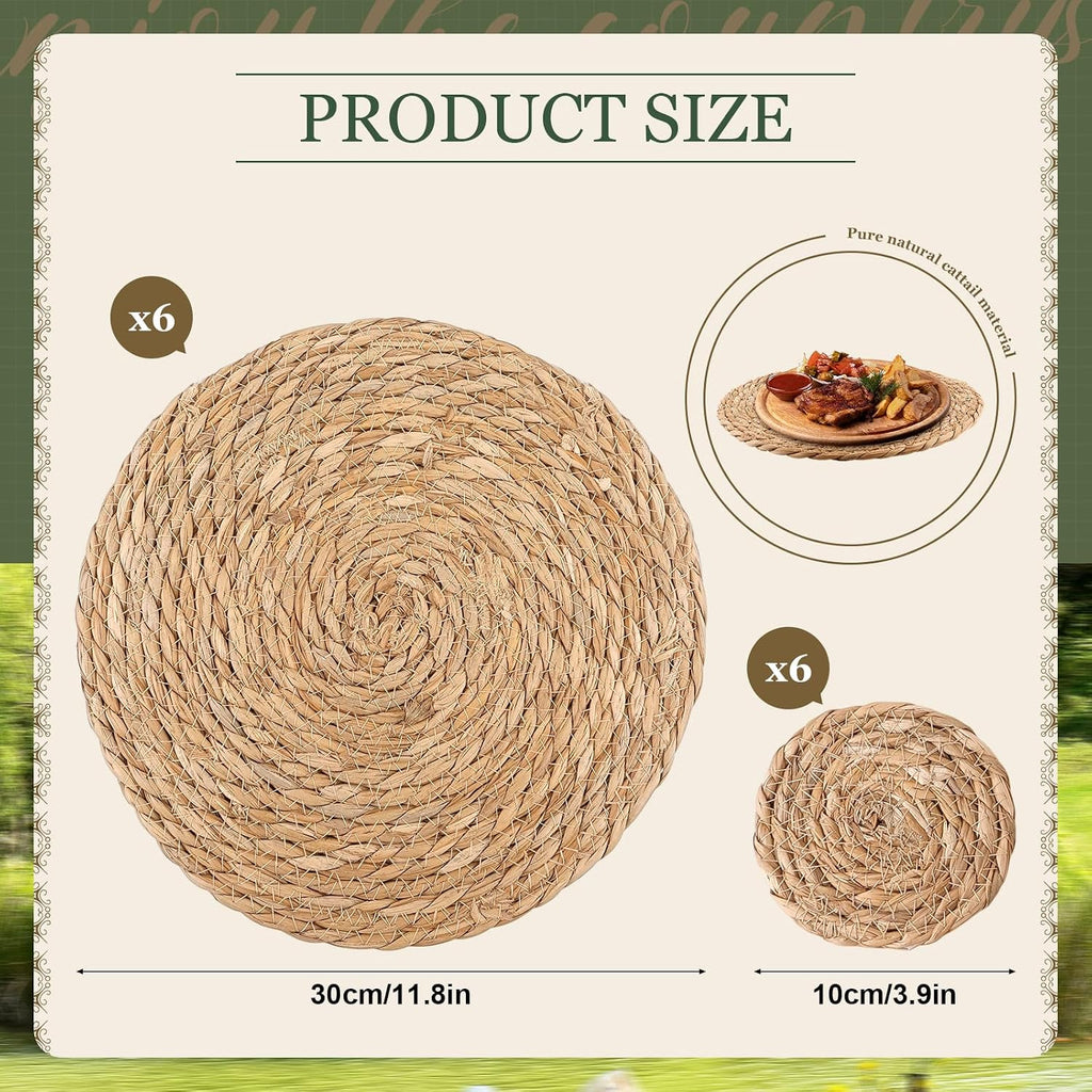 Round Woven Placemats 12 Inch with 6 Coasters 4 Inch Boho Natural Handmade Table Mats Table Decor Farmhouse - Set of 6