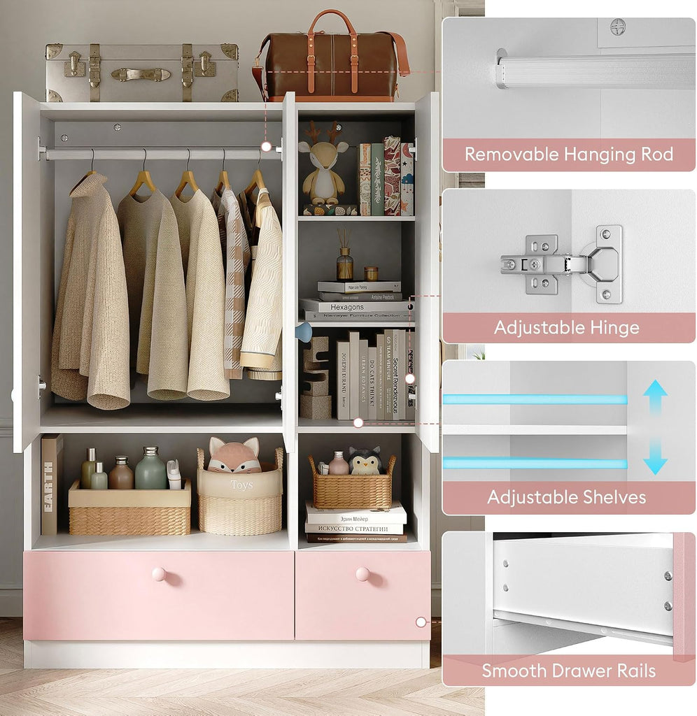 White Armoire Wardrobe Closet with Hanging Rod - Freestanding 3-Door Wooden Wardrobe Cabinet Closet Armoires