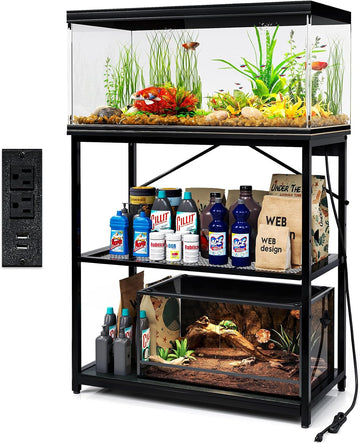 Fish Tank Stand 10, 20, 29, 37 Gallon, 1000LB Capacity Aquarium Stand with Built-in Outlet, 31"L x 16"W Metal Reptile