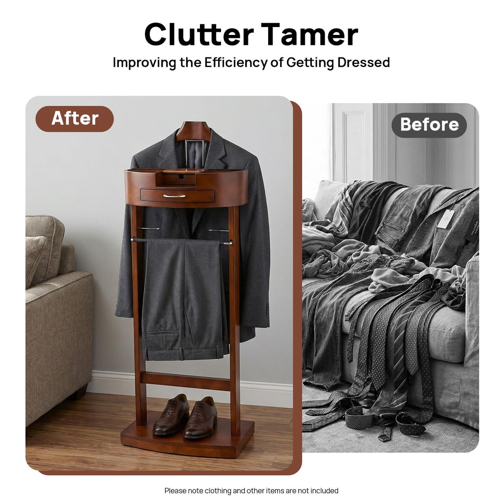 Wood Suit Rack, Freestanding Clothing Valet Stand, Clothes Valet Suit Racks, Valet Stand Clothing Rack Organizer