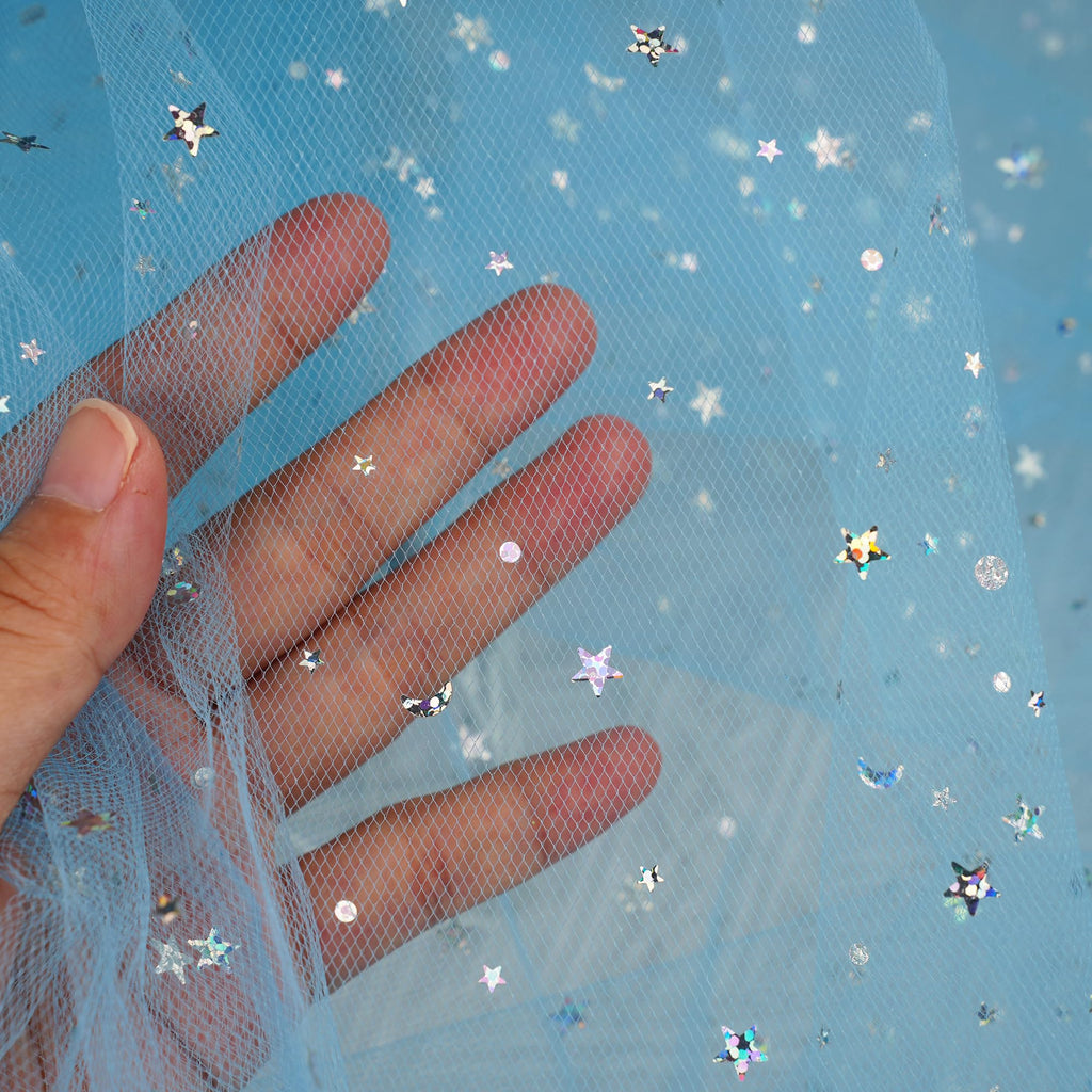 59 Inch x 8 Yard Silver Star and Moon Tulle Fabric, Blue