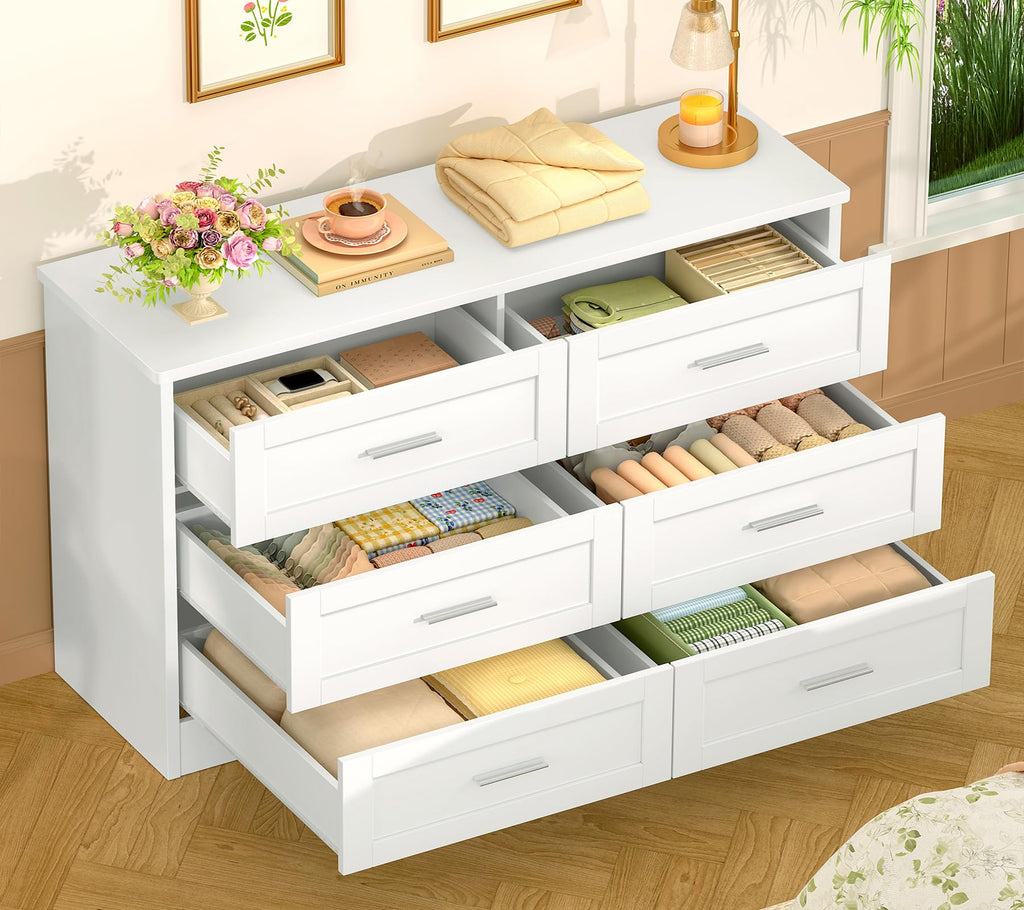 42.1"W White Dresser, Modern 6 Drawer Dresser with Metal Handles, Wood Dressers & Chest of Drawers, Wooden Closet