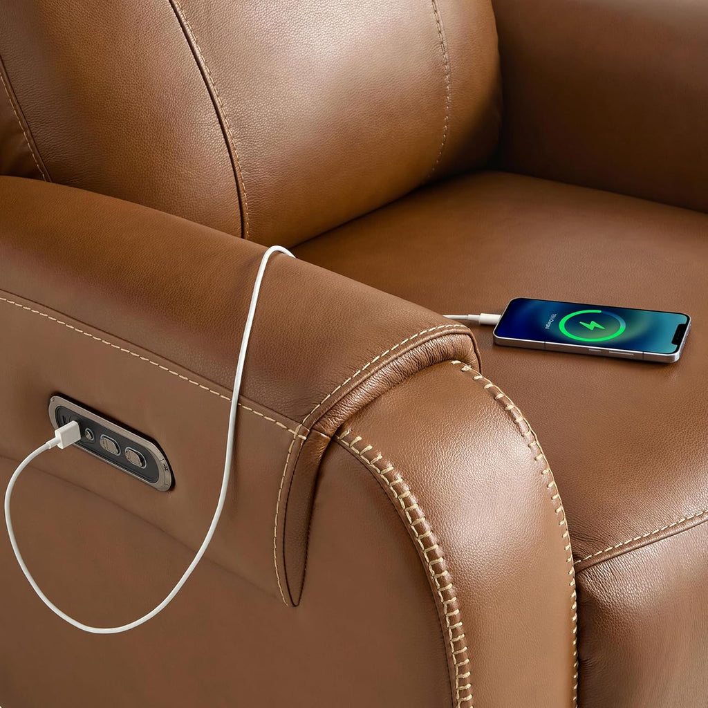 Genuine Leather Power Recliner Sofa, Wall Hugger Reclining Loveseat with Power Headrest, Dual Motor, USB Charging