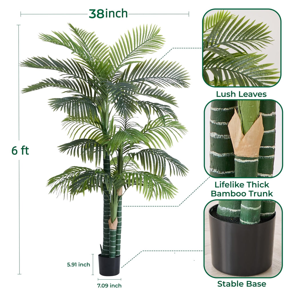 6FT Artificial Golden Cane Palm Tree, Potted Faux Trees