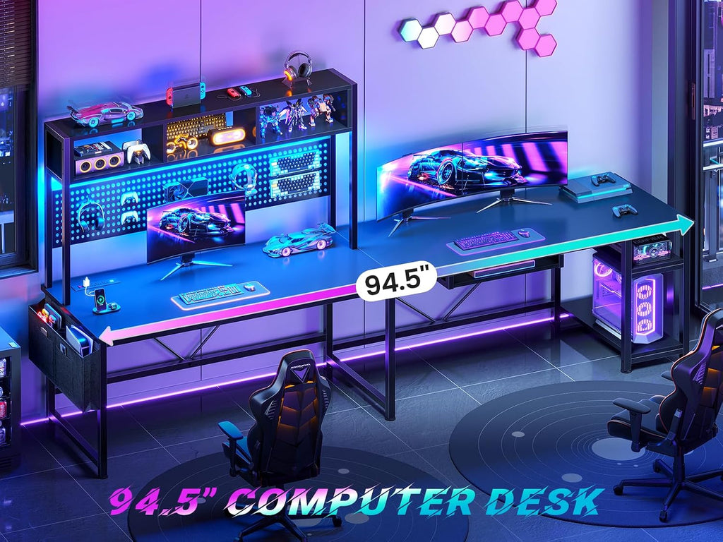 67" L Shaped Gaming Desk with Pegboard LED Lights and Power Outlet | Reversible Computer Desk with Keyboard Tray